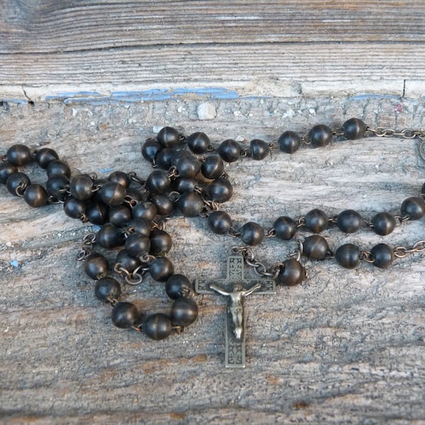 Chapelet ancien perles noires et métal argenté