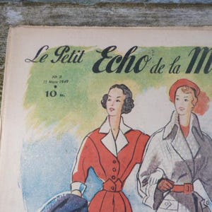 May include: Vintage magazine cover titled "Le Petit Echo de la Mode." The illustration features two women in stylish coats and dresses. The cover includes the date "12 Mars 1949" and the price "10 fr."