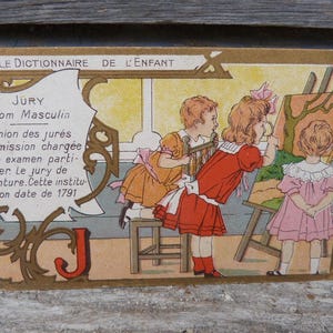 Vintage alte französische antike französische chromolithograph Illustration 1900er Jahre Le dictionnaire de l'Enfant Buchstabe J wie JURY