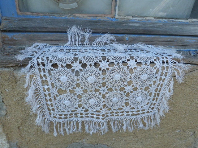 Ancien Travail de Crochet 1900 Fait Main Napperon ou Dessus Coussin Blanc