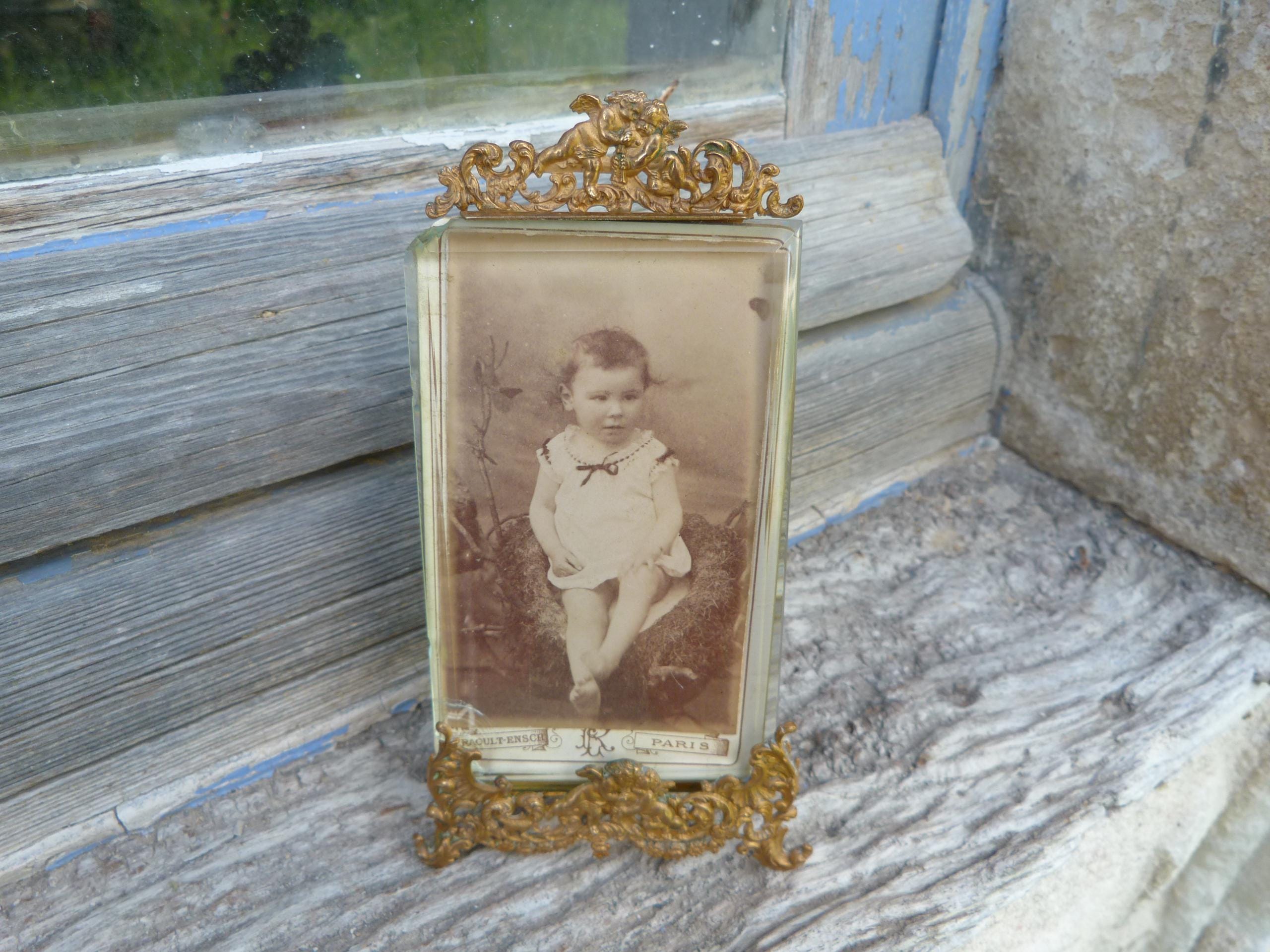 Vintage Victorian 1890/1900 French Glass Photo Frame with  beleived thick glass & photography inside Gilted adorned with  Cherubs