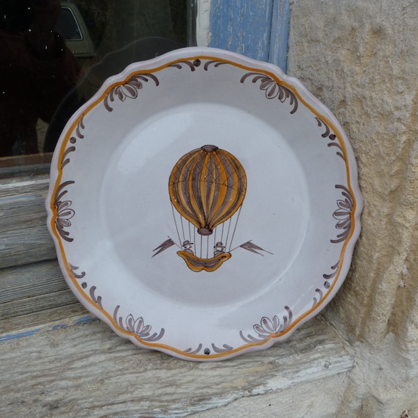 Vintage old French Nevers Glazed  faience  plate figuring Hot Air Balloon Montgolfiere