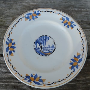 Vintage fransk fajansfat från 1900-talet Citroner Blå och Gul transferware Longwy Frankrike