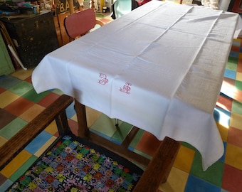 Vintage Antique French 1900  Heavy Linen rectangular tablecloth woven stripes and red cross stiched monogramme 79.9 inches x 40.9 inches
