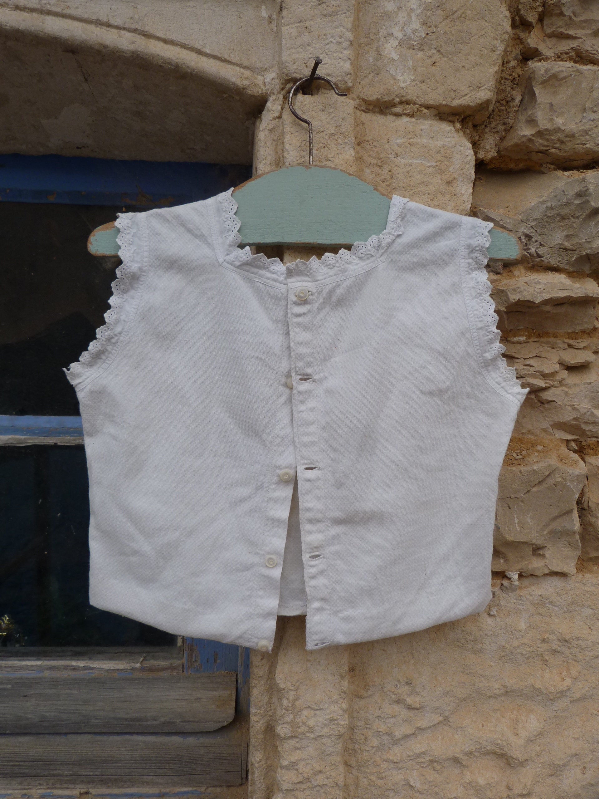 Vintage 1900 French off white textured cotton cache corset  blouse for child /size 2 years