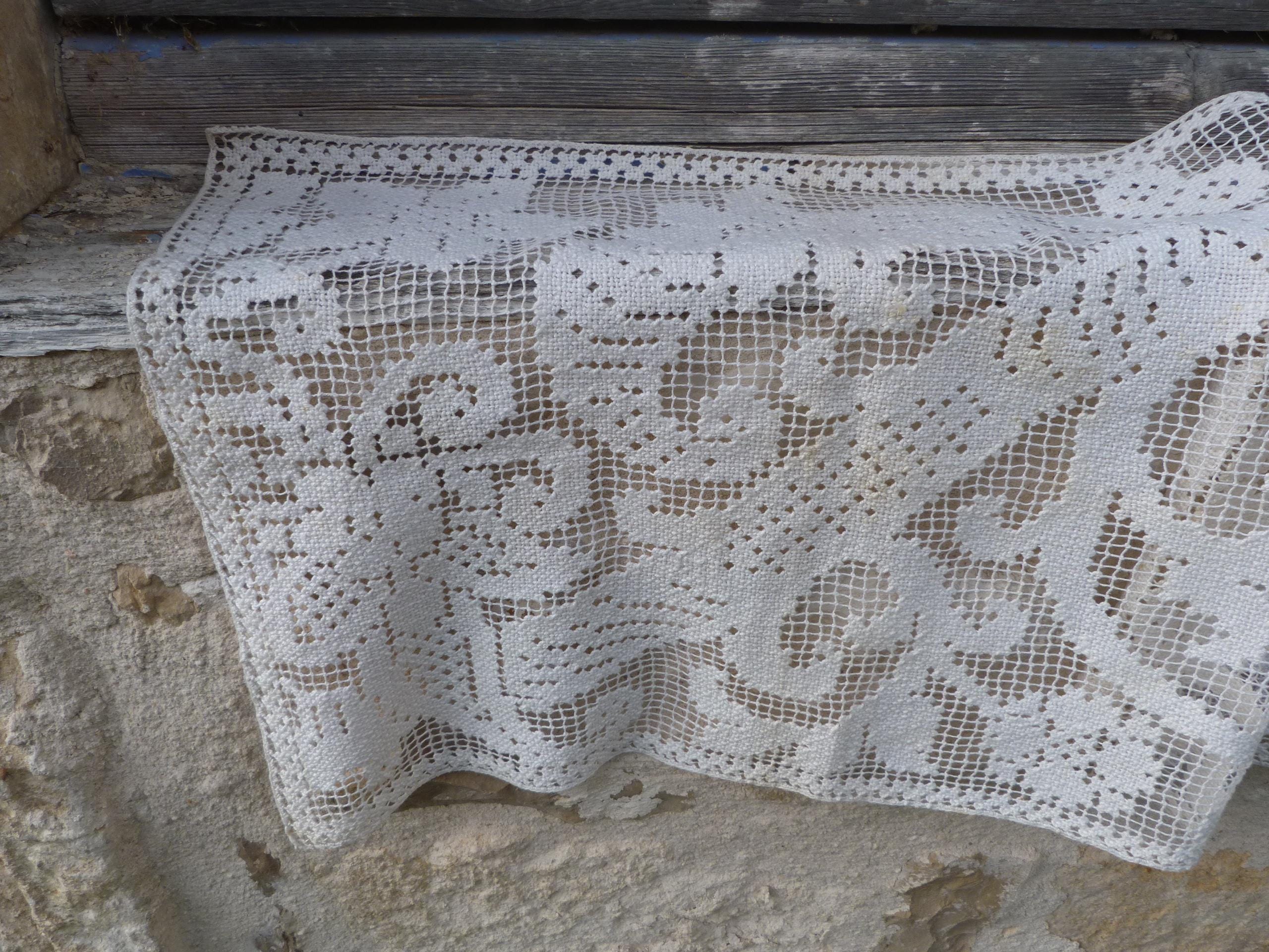 Antique 1900/1930 French Cream Filet Lace Curtain Edwardian Art