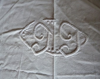 Vintage old French 1930 bedding pure linen off white  sheet embroidered Monogram Double  114 " x 77 "