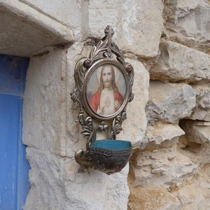 Vintage old French  Holy water font stoup /Sacred heart of Jesus /Religion/Christianity