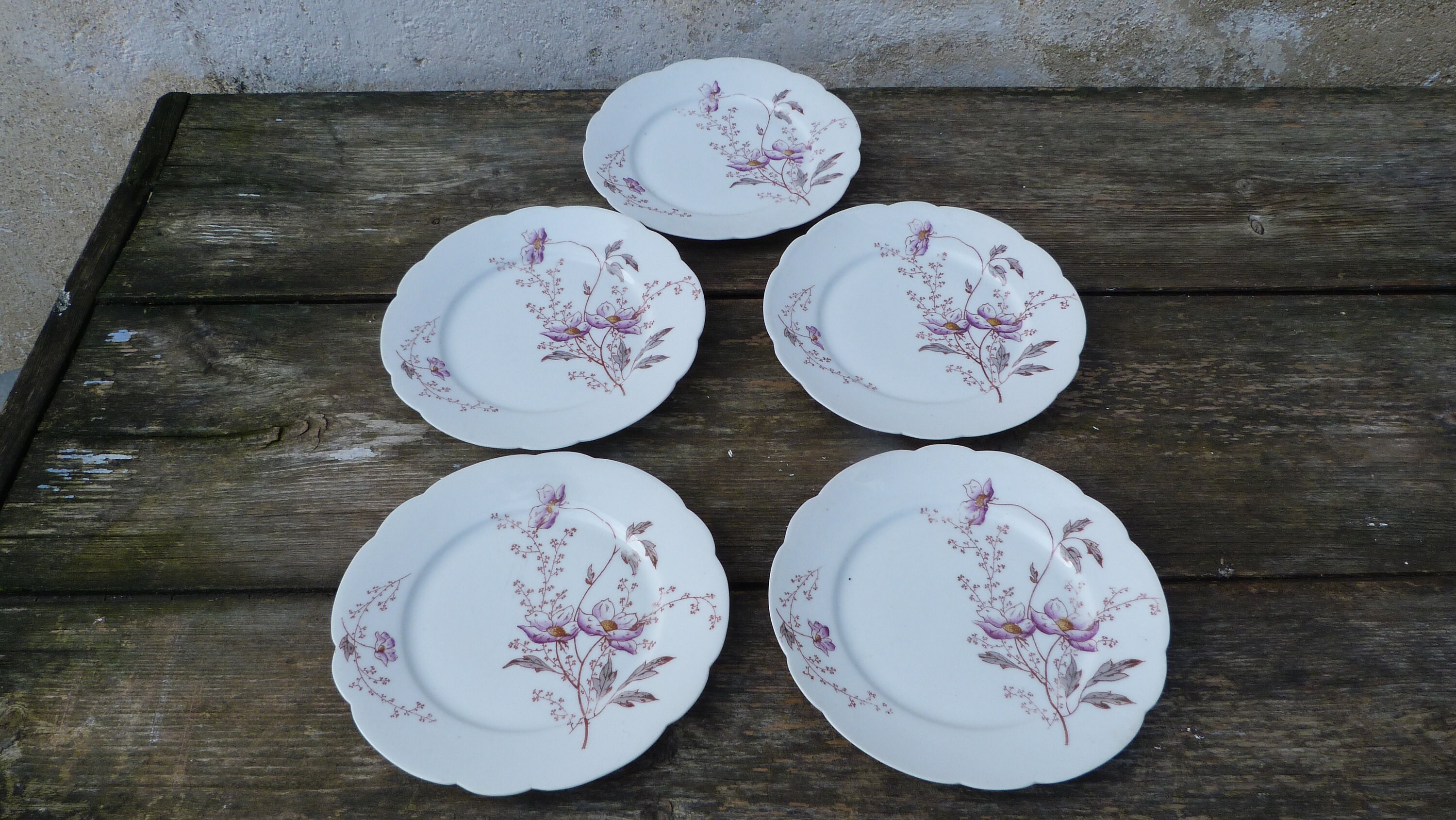 Lot de 5 Assiettes à Dessert Anciennes Motifs Fleurs