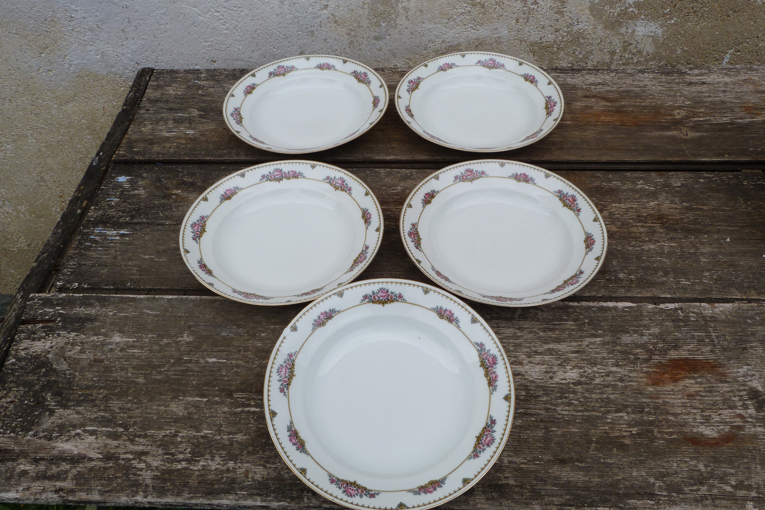 Lot de 5 Assiettes Creuses en Porcelaine Fleurie Limoges Bernardeau