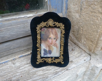 Vintage old French  Edwardian navy blue velvet footed Photo frame
