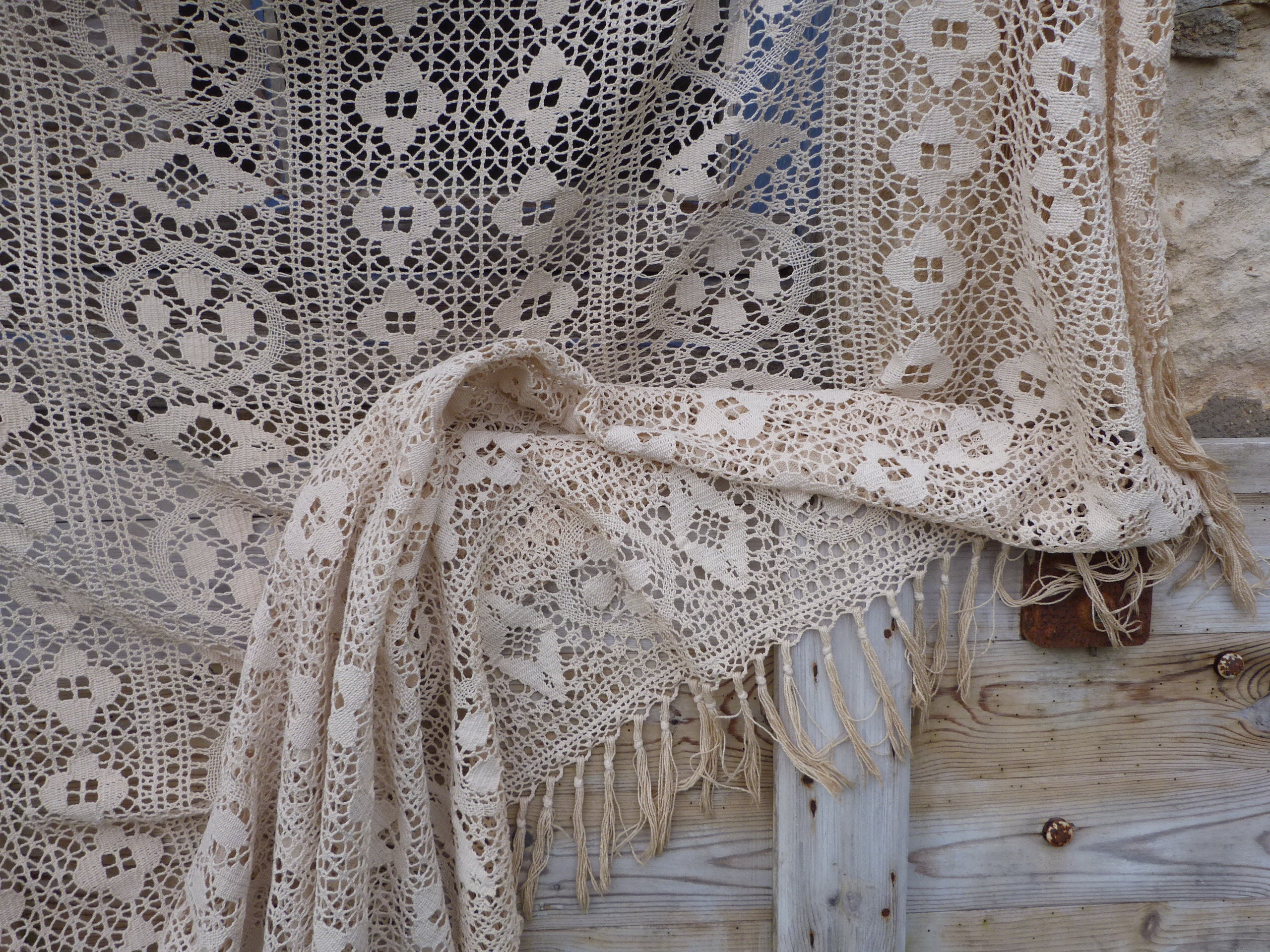 French Antique White Cotton Embroidery on Filet Net French Antique White Cotton Embroidery on Filet Net