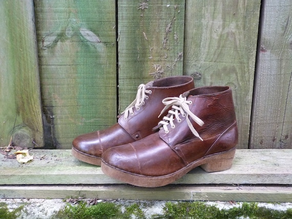 Vintage Antique 1910 French Primitive Leather and Wood Soles Clogs Lace up Men Boots Etsy