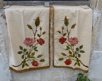 French Antique  1900 /1920 Handpainted velvet  ANTEPENDIUM  Altar FRONTAL gold bullion fringes
