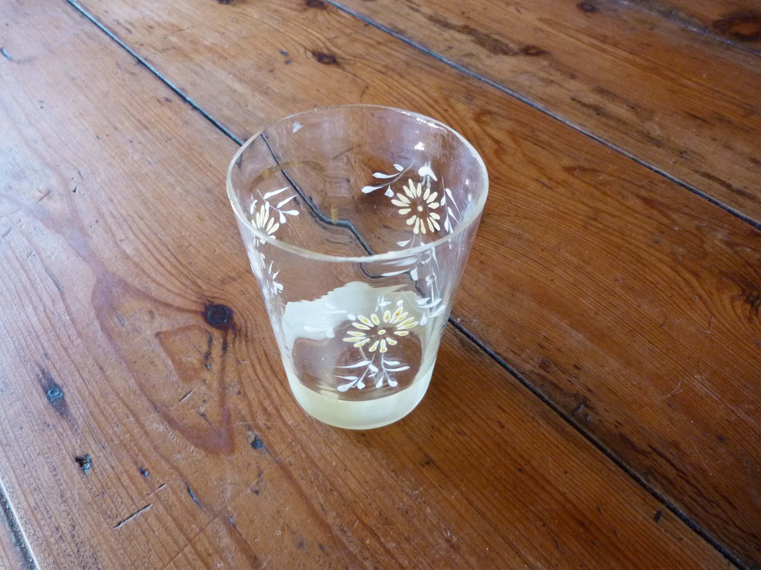 Ancien Verre en Cristal Émaillé Motifs Fleurs