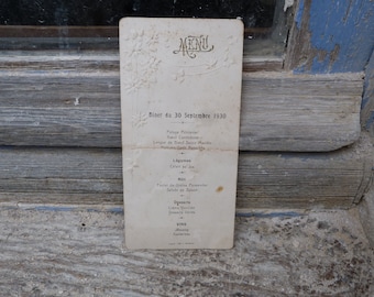 Vintage Antique dated  1930  old French Menu/embossed /old paper