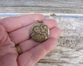 Vintage old French 1900  brass medal St Christopher & lourdes cave apparition