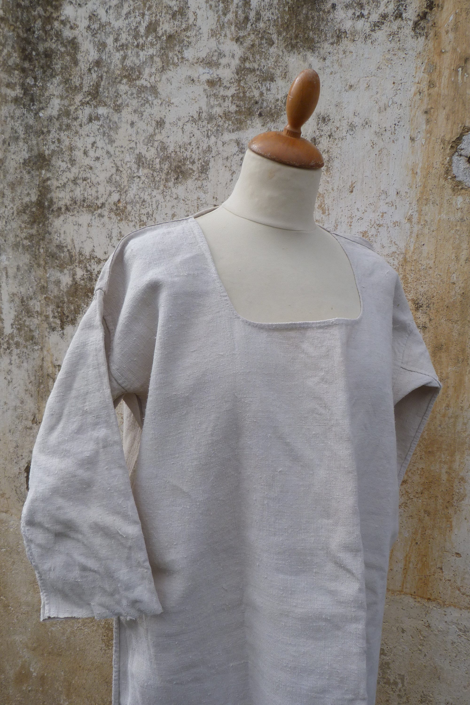 Chemise Longue en Pure Lin Tissé à La Main Travail Campagne 1890/1900