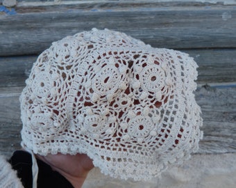 Vintage Antique  1890/1900s old French handmade crochet  baby new born or doll bonnet /skull cap
