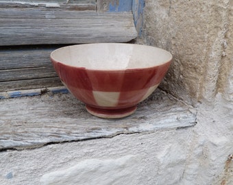 Vintage Antique old French 1900 /1930  Cafe au lait bowl Burgundy  plaid