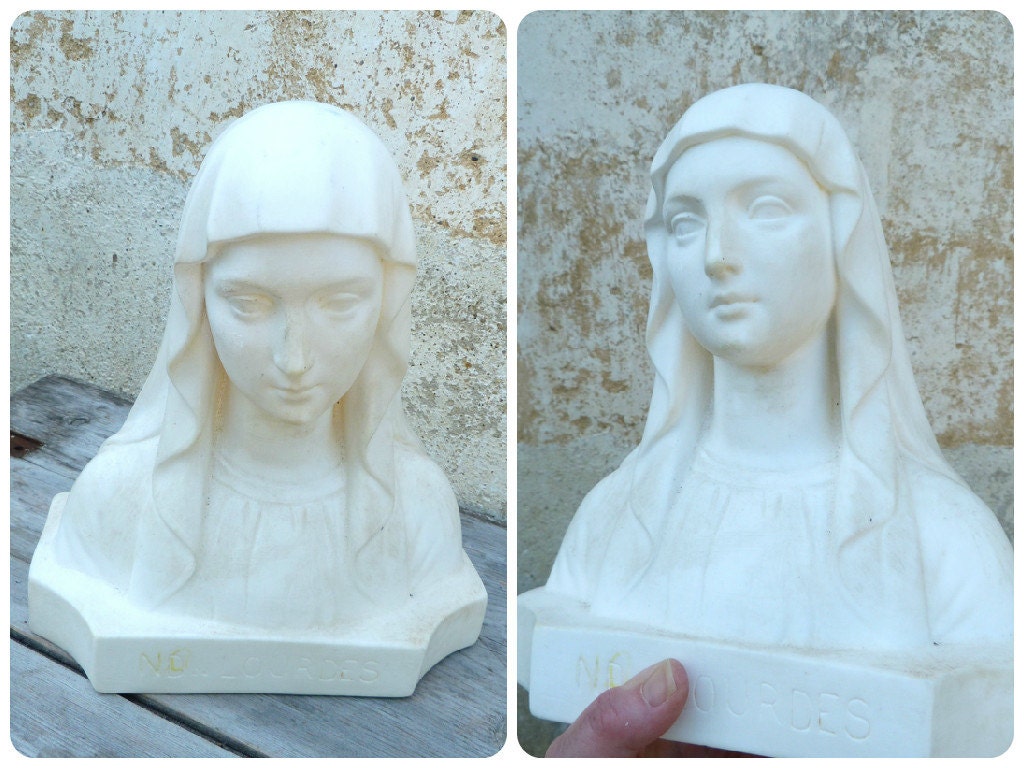 Vintage Antique Vieux Français Statue de Craie en Plâtre Holy Virgin Buste Signé Ch.maillard
