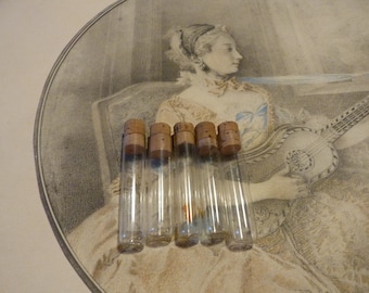 Antique 1900 French tiny glass tubes with with small cork stoppers Set of 5