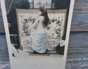 Vintage old French  1900  recolored erotic real photography  postcard woman at bath