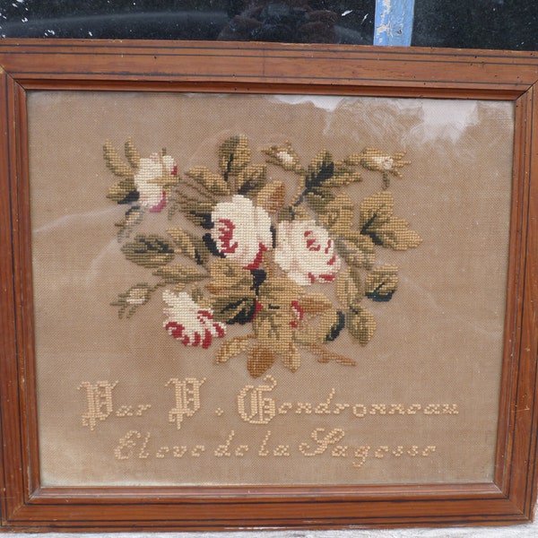Cadre ancien broderie bouquet de fleurs abecedaire