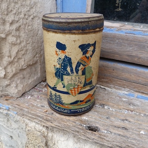 Vintage Antique old French 1930  ELESCA Sugar tin box canister  regionalist  Alsace