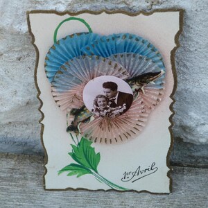 Carte postale fantaisie couple St Valentin ruban  paillettes
