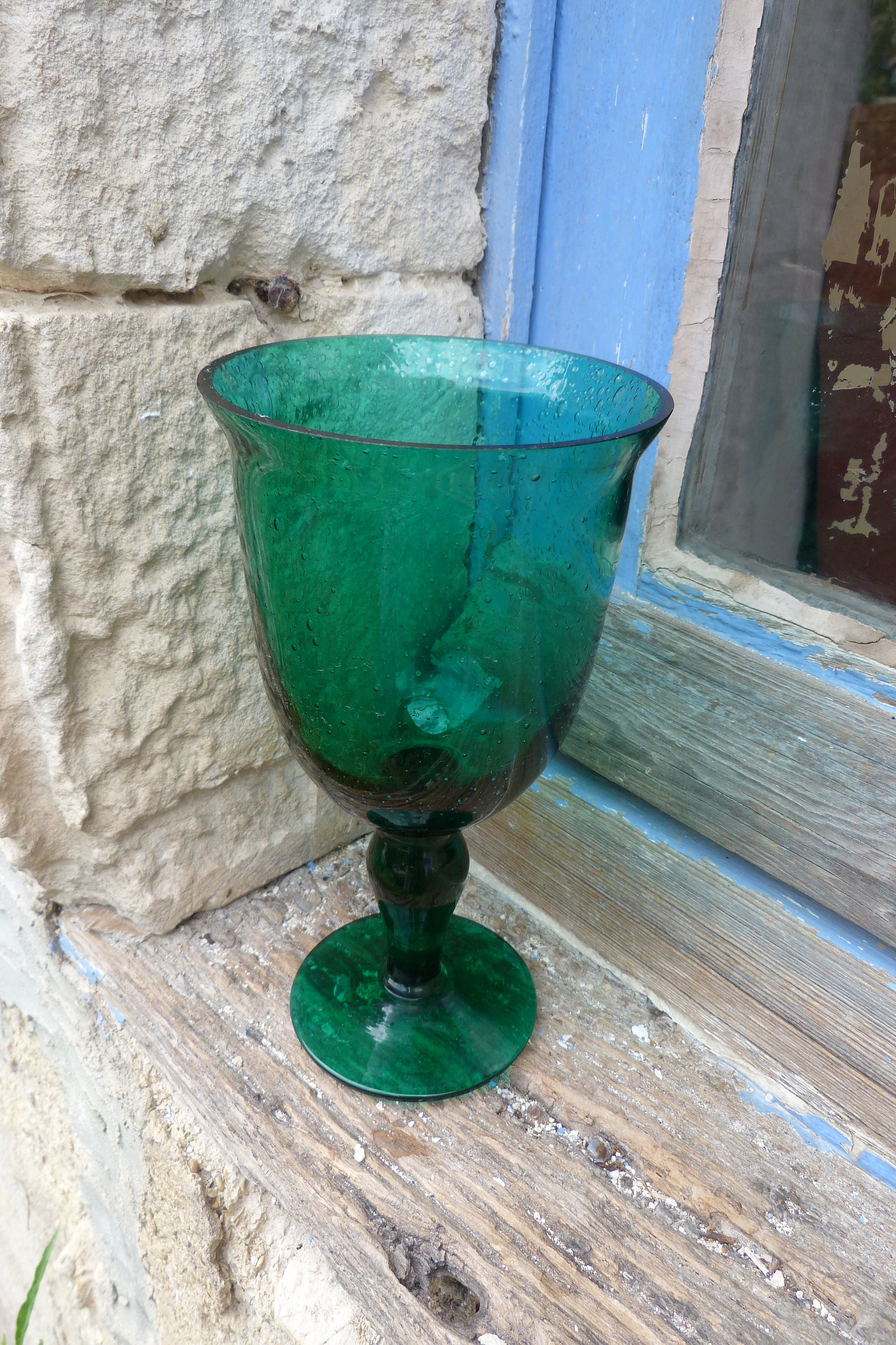 Vintage 1960 Grand Verre ou Photophore Bullé Biot Vert