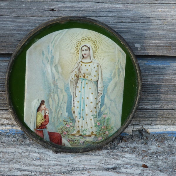 Cadre religieux en verre  Vierge Marie et Sainte Bernadette Lourdes