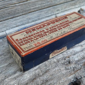 Antigua caja de boticario de farmacia francesa antigua de 1900 de cartón.