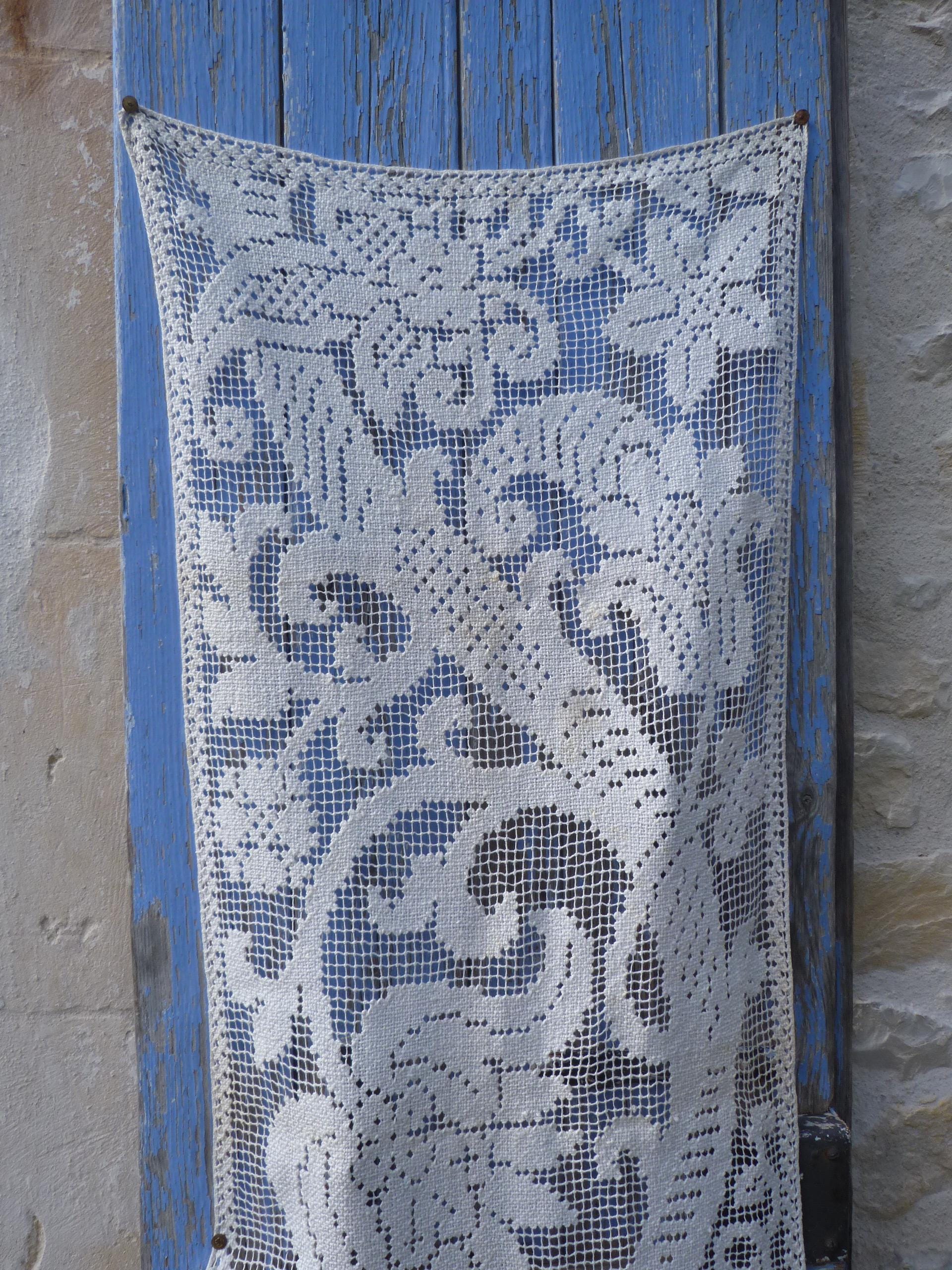 Antique 1900/1930 French Cream Filet Lace Curtain Edwardian Art