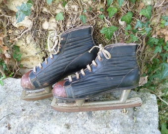 Vintage Antique French black & brown leather ice skates shoes