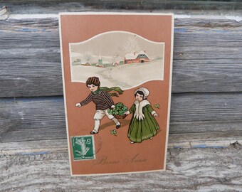 Cartolina d'epoca del 1900, fotografia ricolorata, illustrazione di bambini
