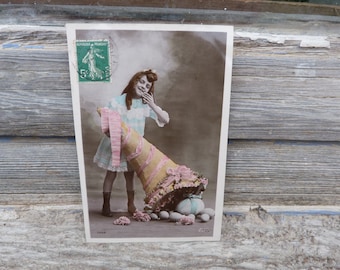 Cartão postal vintage de 1900, fotografia real recolorida, Garota Earstern