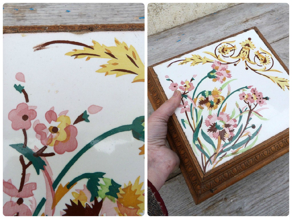 Dessous de Plat 1900 Carreau Faience et Tour Bois