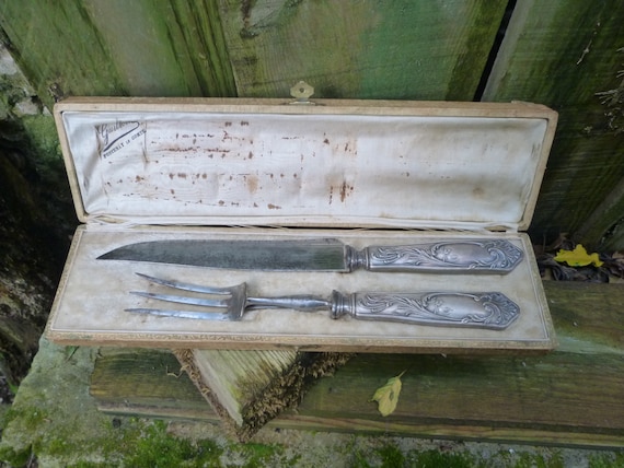 Ensemble Couteau à Découper Et Manche à Gigot - Manche Argent Fourré - Vintage Argenté