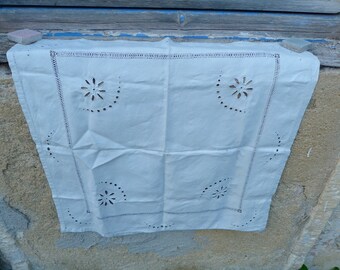Vintage  1920 old French  linen beige  tea tablecloth  with handmade embroideries and pintuck
