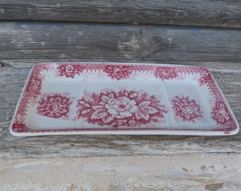 Antieke keramische zeepbak uit de jaren 1890/1900, oud Frans transferdrukwerk, met bloemenmotief in roze, voor de badkamer.