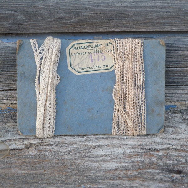 Galon Passementerie Ancien - Écru Et Bleu - Ruban Vintage N°687