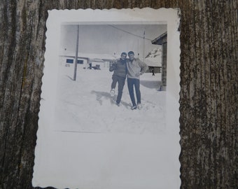 Vintage  old French real photography black & white  1950s  Boys having fun in snow