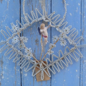 Vintage Antique French white beaded flat wreath colored bisque cherub /wreath/ funerary /mourning /beadwork /flowers