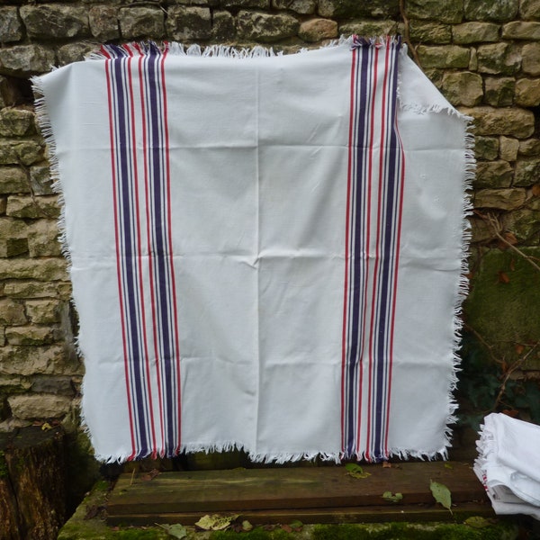 Vintage  nappe basque en lin avec rayures bleu et rouge