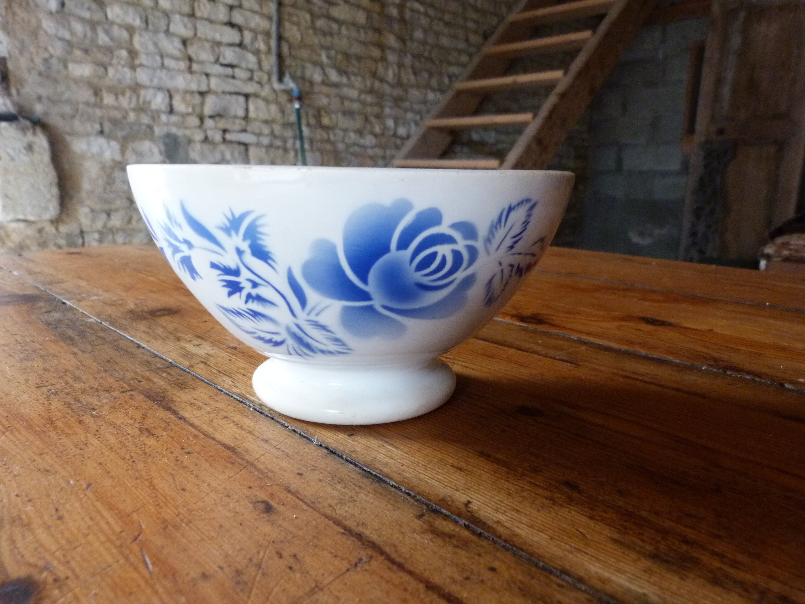 Grand Bol en Céramique Ancien Motifs Fleurs Digoin France