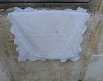 Vintage Antique 1900s old French large  linen white  pillow case with  embroideries