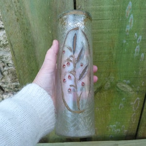 Antique old French Art Nouveau cracked glass vase with holly motif