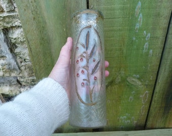 Antique old French Art Nouveau cracked glass vase with holly motif