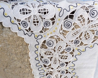 Antique Vintage old French handmade linen embroidered /lace tablecloth /center of table / runner